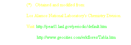 Cuadro de texto: (*)   Obtained and modified from: 
Los Alamos National Laboratory's Chemistry Division. 
Visit: http://pearl1.lanl.gov/periodic/default.htm
         http://www.geocities.com/erkflores/Tabla.htm
