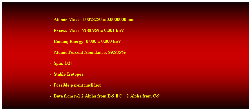 Cuadro de texto:  
-  Atomic Mass: 1.0078250  0.0000000 amu
-  Excess Mass: 7288.969  0.001 keV
-  Binding Energy: 0.000  0.000 keV
-  Atomic Percent Abundance: 99.985% 
-  Spin: 1/2+ 
-  Stable Isotopes
-  Possible parent nuclides: 
-  Beta from n-1 2 Alpha from B-9 EC + 2 Alpha from C-9
 
