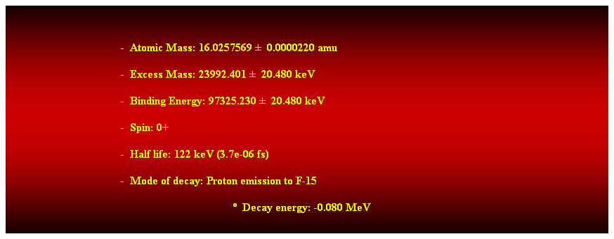 Cuadro de texto:  
-  Atomic Mass: 16.0257569   0.0000220 amu 
-  Excess Mass: 23992.401   20.480 keV 
-  Binding Energy: 97325.230   20.480 keV
-  Spin: 0+ 
-  Half life: 122 keV (3.7e-06 fs) 
-  Mode of decay: Proton emission to F-15 
  Decay energy: -0.080 MeV 
