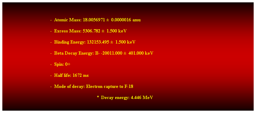 Cuadro de texto:  
-  Atomic Mass: 18.0056971   0.0000016 amu 
-  Excess Mass: 5306.782   1.500 keV 
-  Binding Energy: 132153.495   1.500 keV 
-  Beta Decay Energy: B- -20011.000   401.000 keV 
-  Spin: 0+ 
-  Half life: 1672 ms 
-  Mode of decay: Electron capture to F-18 
  Decay energy: 4.446 MeV 
