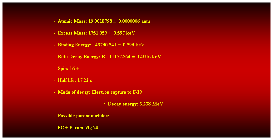 Cuadro de texto:  
-  Atomic Mass: 19.0018798   0.0000006 amu 
-  Excess Mass: 1751.059   0.597 keV 
-  Binding Energy: 143780.541   0.598 keV 
-  Beta Decay Energy: B- -11177.564   12.016 keV
-  Spin: 1/2+ 
-  Half life: 17.22 s 
-  Mode of decay: Electron capture to F-19 
  Decay energy: 3.238 MeV 
-  Possible parent nuclides: 
                                           EC + P from Mg-20 
