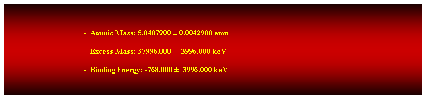 Cuadro de texto:  
-  Atomic Mass: 5.0407900  0.0042900 amu 
                                        -  Excess Mass: 37996.000   3996.000 keV 
-  Binding Energy: -768.000   3996.000 keV 
 
