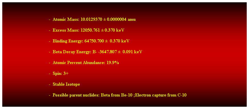 Cuadro de texto:  
-  Atomic Mass: 10.0129370  0.0000004 amu 
-  Excess Mass: 12050.761  0.370 keV 
-  Binding Energy: 64750.700   0.370 keV 
-  Beta Decay Energy: B- -3647.807   0.091 keV 
-  Atomic Percent Abundance: 19.9%
-  Spin: 3+ 
-  Stable Isotope 
-  Possible parent nuclides: Beta from Be-10 ;Electron capture from C-10
 
