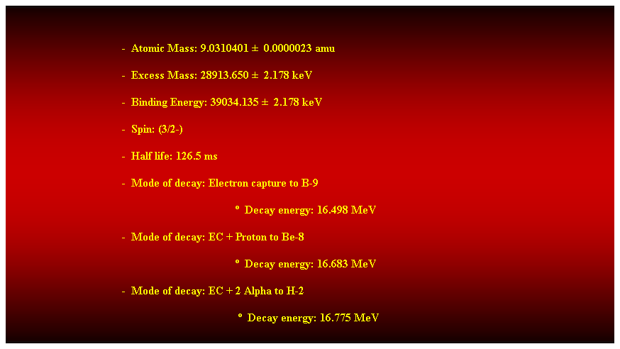 Cuadro de texto:  
-  Atomic Mass: 9.0310401   0.0000023 amu 
-  Excess Mass: 28913.650   2.178 keV 
-  Binding Energy: 39034.135   2.178 keV 
-  Spin: (3/2-) 
-  Half life: 126.5 ms 
-  Mode of decay: Electron capture to B-9 
  Decay energy: 16.498 MeV 
-  Mode of decay: EC + Proton to Be-8 
  Decay energy: 16.683 MeV 
-  Mode of decay: EC + 2 Alpha to H-2 
                                                                                   Decay energy: 16.775 MeV 
