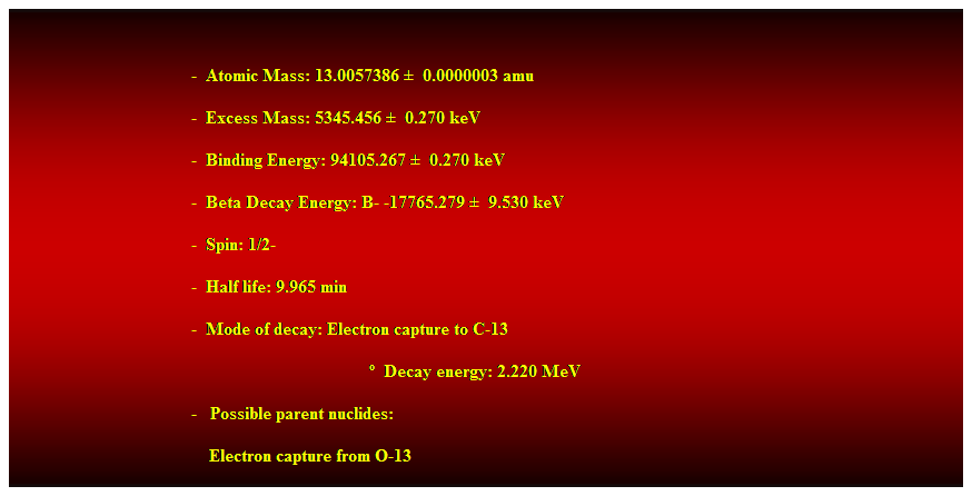 Cuadro de texto:  
-  Atomic Mass: 13.0057386   0.0000003 amu 
-  Excess Mass: 5345.456   0.270 keV 
-  Binding Energy: 94105.267   0.270 keV 
-  Beta Decay Energy: B- -17765.279   9.530 keV 
-  Spin: 1/2- 
-  Half life: 9.965 min 
-  Mode of decay: Electron capture to C-13 
  Decay energy: 2.220 MeV 
-   Possible parent nuclides: 
                                            Electron capture from O-13 
