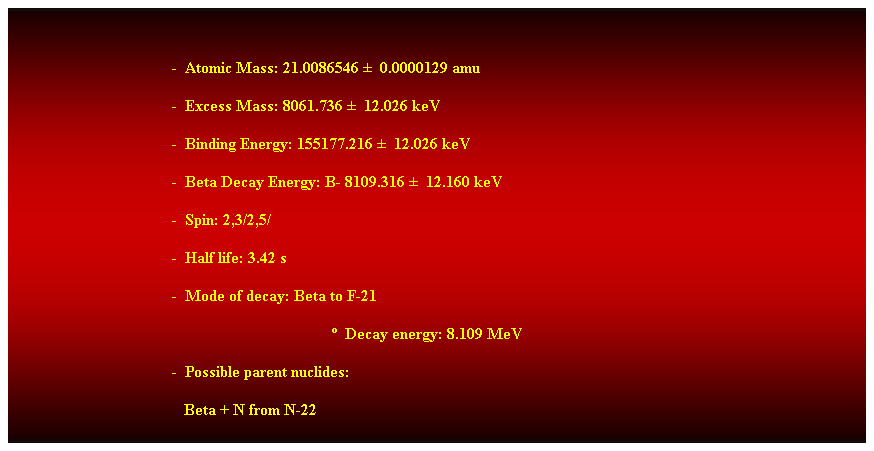 Cuadro de texto:  
-  Atomic Mass: 21.0086546   0.0000129 amu 
-  Excess Mass: 8061.736   12.026 keV 
-  Binding Energy: 155177.216   12.026 keV 
-  Beta Decay Energy: B- 8109.316   12.160 keV 
-  Spin: 2,3/2,5/ 
-  Half life: 3.42 s 
-  Mode of decay: Beta to F-21 
  Decay energy: 8.109 MeV 
-  Possible parent nuclides: 
                                           Beta + N from N-22 
 
 
