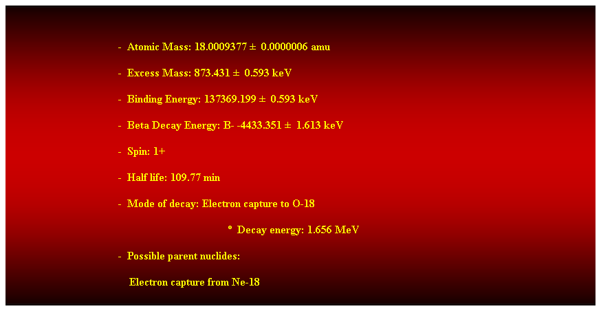 Cuadro de texto:  
-  Atomic Mass: 18.0009377   0.0000006 amu 
-  Excess Mass: 873.431   0.593 keV 
-  Binding Energy: 137369.199   0.593 keV 
-  Beta Decay Energy: B- -4433.351   1.613 keV 
-  Spin: 1+ 
-  Half life: 109.77 min 
-  Mode of decay: Electron capture to O-18 
  Decay energy: 1.656 MeV 
-  Possible parent nuclides: 
                                            Electron capture from Ne-18 
