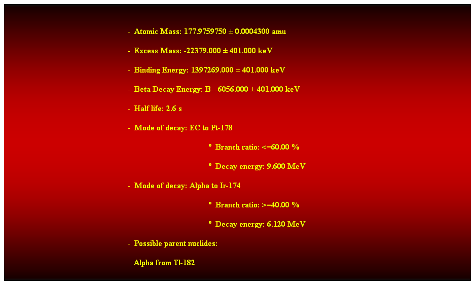 Cuadro de texto:  
-  Atomic Mass: 177.9759750  0.0004300 amu 
-  Excess Mass: -22379.000  401.000 keV 
-  Binding Energy: 1397269.000  401.000 keV 
-  Beta Decay Energy: B- -6056.000  401.000 keV 
-  Half life: 2.6 s 
-  Mode of decay: EC to Pt-178 
  Branch ratio: <=60.00 % 
  Decay energy: 9.600 MeV 
-  Mode of decay: Alpha to Ir-174 
  Branch ratio: >=40.00 % 
  Decay energy: 6.120 MeV 
-  Possible parent nuclides: 
   Alpha from Tl-182 
