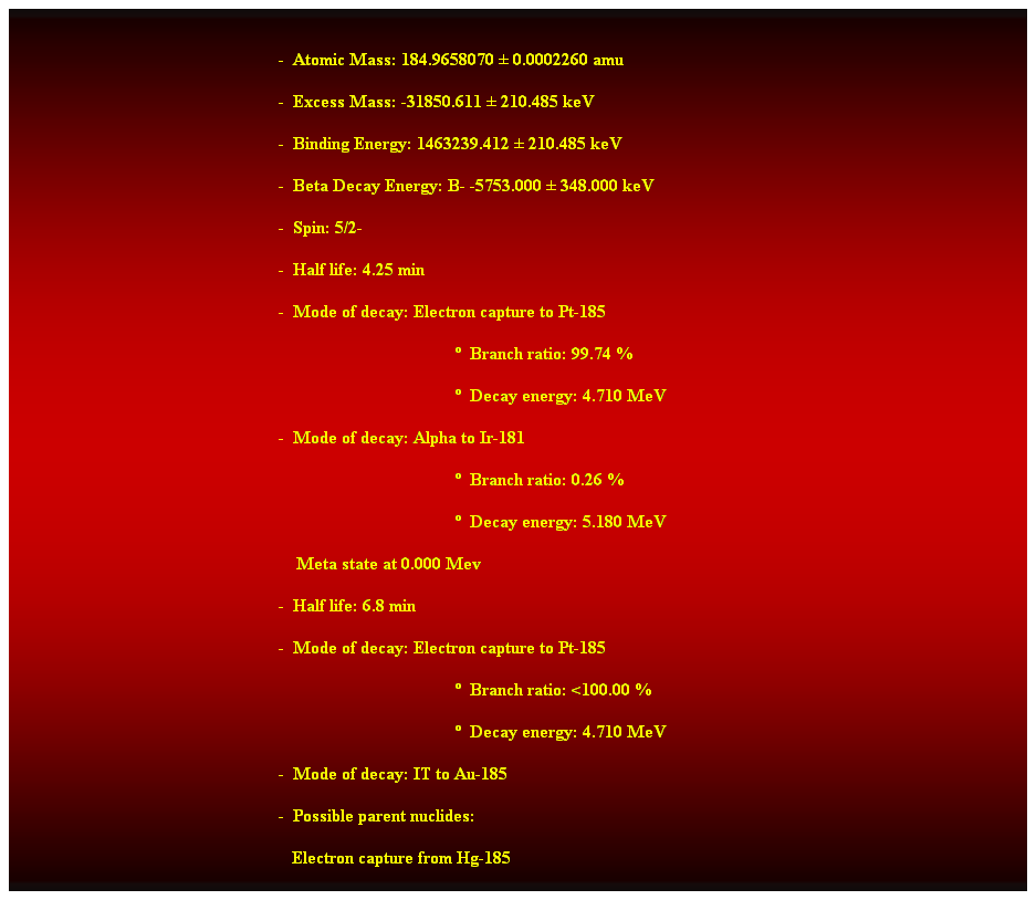 Cuadro de texto:  
-  Atomic Mass: 184.9658070  0.0002260 amu 
-  Excess Mass: -31850.611  210.485 keV 
-  Binding Energy: 1463239.412  210.485 keV 
-  Beta Decay Energy: B- -5753.000  348.000 keV 
-  Spin: 5/2- 
-  Half life: 4.25 min 
-  Mode of decay: Electron capture to Pt-185 
  Branch ratio: 99.74 % 
  Decay energy: 4.710 MeV 
-  Mode of decay: Alpha to Ir-181 
  Branch ratio: 0.26 % 
  Decay energy: 5.180 MeV 
    Meta state at 0.000 Mev 
-  Half life: 6.8 min 
-  Mode of decay: Electron capture to Pt-185 
  Branch ratio: <100.00 % 
  Decay energy: 4.710 MeV 
-  Mode of decay: IT to Au-185 
                                                            -  Possible parent nuclides: 
                                                               Electron capture from Hg-185
