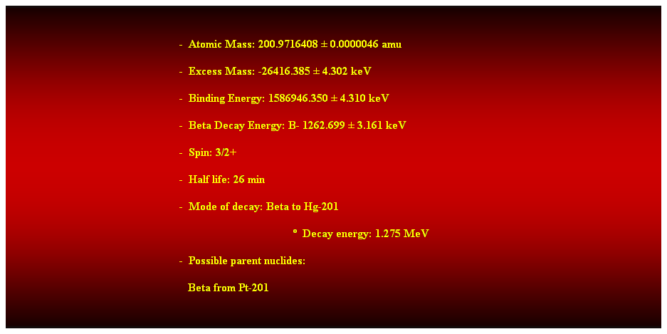 Cuadro de texto:  
-  Atomic Mass: 200.9716408  0.0000046 amu 
-  Excess Mass: -26416.385  4.302 keV 
-  Binding Energy: 1586946.350  4.310 keV 
-  Beta Decay Energy: B- 1262.699  3.161 keV 
-  Spin: 3/2+ 
-  Half life: 26 min 
-  Mode of decay: Beta to Hg-201 
  Decay energy: 1.275 MeV 
-  Possible parent nuclides: 
   Beta from Pt-201 
