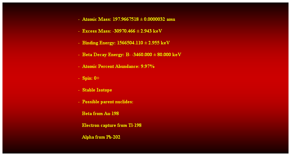 Cuadro de texto:  
-  Atomic Mass: 197.9667518  0.0000032 amu 
-  Excess Mass: -30970.466  2.943 keV 
-  Binding Energy: 1566504.110  2.955 keV 
-  Beta Decay Energy: B- -3460.000  80.000 keV 
-  Atomic Percent Abundance: 9.97% 
-  Spin: 0+ 
-  Stable Isotope 
-  Possible parent nuclides: 
                                                               Beta from Au-198 
                                                               Electron capture from Tl-198 
                                                               Alpha from Pb-202 
