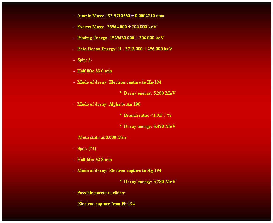 Cuadro de texto:  
-  Atomic Mass: 193.9710530  0.0002210 amu 
-  Excess Mass: -26964.000  206.000 keV 
-  Binding Energy: 1529430.000  206.000 keV 
-  Beta Decay Energy: B- -2713.000  256.000 keV 
-  Spin: 2- 
-  Half life: 33.0 min 
-  Mode of decay: Electron capture to Hg-194 
  Decay energy: 5.280 MeV 
-  Mode of decay: Alpha to Au-190 
  Branch ratio: <1.0E-7 % 
  Decay energy: 3.490 MeV 
    Meta state at 0.000 Mev 
-  Spin: (7+) 
-  Half life: 32.8 min 
-  Mode of decay: Electron capture to Hg-194 
  Decay energy: 5.280 MeV 
-  Possible parent nuclides: 
    Electron capture from Pb-194 
