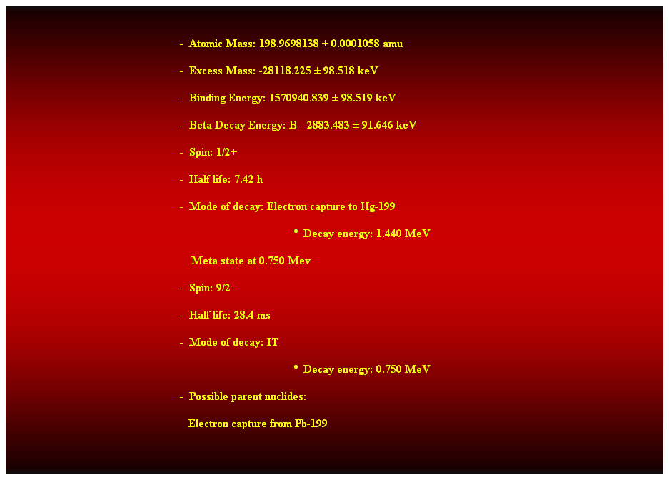 Cuadro de texto:  
-  Atomic Mass: 198.9698138  0.0001058 amu 
-  Excess Mass: -28118.225  98.518 keV 
-  Binding Energy: 1570940.839  98.519 keV 
-  Beta Decay Energy: B- -2883.483  91.646 keV 
-  Spin: 1/2+ 
-  Half life: 7.42 h 
-  Mode of decay: Electron capture to Hg-199 
  Decay energy: 1.440 MeV 
    Meta state at 0.750 Mev 
-  Spin: 9/2- 
-  Half life: 28.4 ms 
-  Mode of decay: IT 
  Decay energy: 0.750 MeV 
-  Possible parent nuclides: 
   Electron capture from Pb-199 
