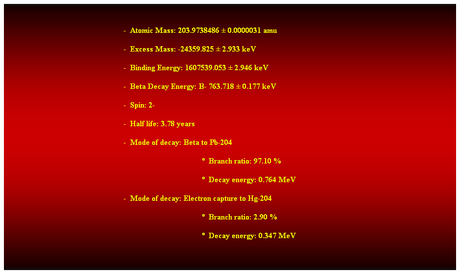 Cuadro de texto:  
-  Atomic Mass: 203.9738486  0.0000031 amu 
-  Excess Mass: -24359.825  2.933 keV 
-  Binding Energy: 1607539.053  2.946 keV 
-  Beta Decay Energy: B- 763.718  0.177 keV 
-  Spin: 2- 
-  Half life: 3.78 years 
-  Mode of decay: Beta to Pb-204 
  Branch ratio: 97.10 % 
  Decay energy: 0.764 MeV 
-  Mode of decay: Electron capture to Hg-204 
  Branch ratio: 2.90 % 
  Decay energy: 0.347 MeV 
