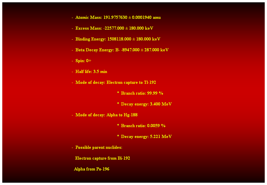 Cuadro de texto:  
-  Atomic Mass: 191.9757630  0.0001940 amu 
-  Excess Mass: -22577.000  180.000 keV 
-  Binding Energy: 1508118.000  180.000 keV 
-  Beta Decay Energy: B- -8947.000  287.000 keV 
-  Spin: 0+ 
-  Half life: 3.5 min 
-  Mode of decay: Electron capture to Tl-192 
  Branch ratio: 99.99 % 
  Decay energy: 3.400 MeV 
-  Mode of decay: Alpha to Hg-188 
  Branch ratio: 0.0059 % 
  Decay energy: 5.221 MeV 
-  Possible parent nuclides: 
                                                               Electron capture from Bi-192 
                                                              Alpha from Po-196 
