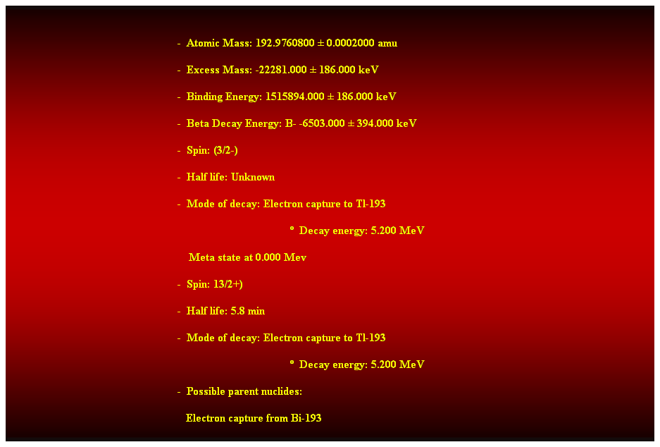 Cuadro de texto:  
-  Atomic Mass: 192.9760800  0.0002000 amu 
-  Excess Mass: -22281.000  186.000 keV 
-  Binding Energy: 1515894.000  186.000 keV 
-  Beta Decay Energy: B- -6503.000  394.000 keV 
-  Spin: (3/2-) 
-  Half life: Unknown 
-  Mode of decay: Electron capture to Tl-193 
  Decay energy: 5.200 MeV 
    Meta state at 0.000 Mev 
-  Spin: 13/2+) 
-  Half life: 5.8 min 
-  Mode of decay: Electron capture to Tl-193 
  Decay energy: 5.200 MeV 
-  Possible parent nuclides: 
                                                               Electron capture from Bi-193 
Alpha from Po-197 
