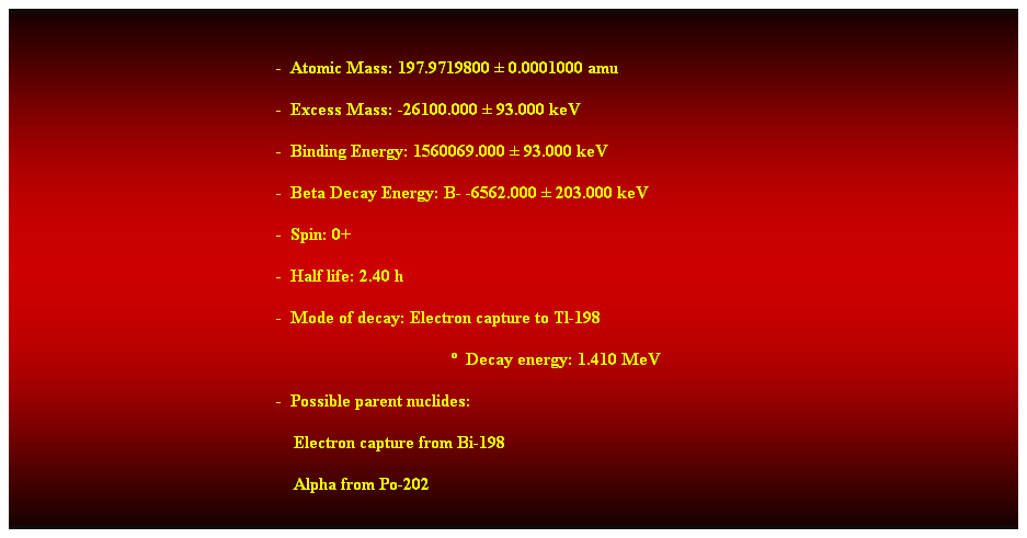 Cuadro de texto:  
-  Atomic Mass: 197.9719800  0.0001000 amu 
-  Excess Mass: -26100.000  93.000 keV 
-  Binding Energy: 1560069.000  93.000 keV 
-  Beta Decay Energy: B- -6562.000  203.000 keV 
-  Spin: 0+ 
-  Half life: 2.40 h 
-  Mode of decay: Electron capture to Tl-198 
  Decay energy: 1.410 MeV 
-  Possible parent nuclides: 
                                                                Electron capture from Bi-198 
                                                                Alpha from Po-202 
