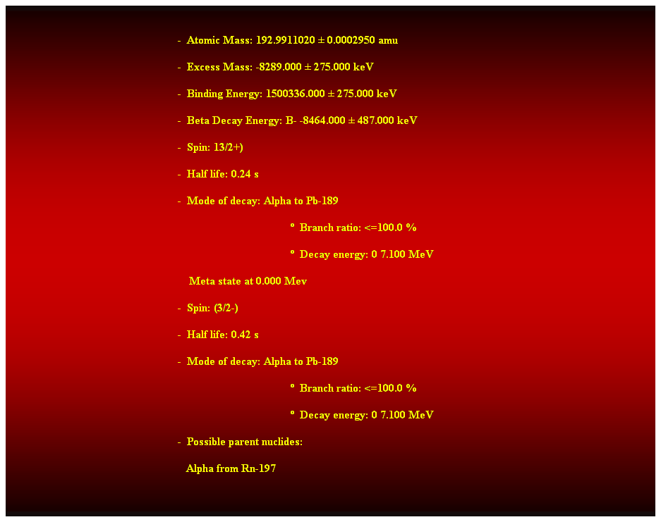 Cuadro de texto:  
-  Atomic Mass: 192.9911020  0.0002950 amu 
-  Excess Mass: -8289.000  275.000 keV 
-  Binding Energy: 1500336.000  275.000 keV 
-  Beta Decay Energy: B- -8464.000  487.000 keV 
-  Spin: 13/2+) 
-  Half life: 0.24 s 
-  Mode of decay: Alpha to Pb-189 
  Branch ratio: <=100.0 % 
  Decay energy: 0 7.100 MeV 
    Meta state at 0.000 Mev 
-  Spin: (3/2-) 
-  Half life: 0.42 s 
-  Mode of decay: Alpha to Pb-189 
  Branch ratio: <=100.0 % 
  Decay energy: 0 7.100 MeV 
-  Possible parent nuclides: 
   Alpha from Rn-197 
