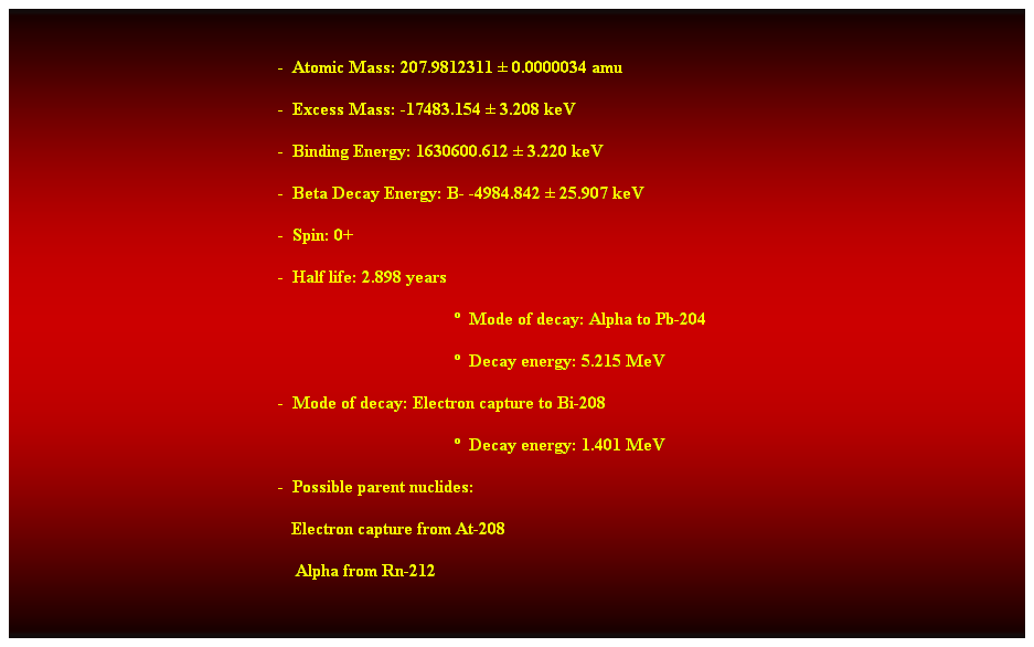 Cuadro de texto:  
-  Atomic Mass: 207.9812311  0.0000034 amu 
-  Excess Mass: -17483.154  3.208 keV 
-  Binding Energy: 1630600.612  3.220 keV 
-  Beta Decay Energy: B- -4984.842  25.907 keV 
-  Spin: 0+ 
-  Half life: 2.898 years 
  Mode of decay: Alpha to Pb-204 
  Decay energy: 5.215 MeV 
-  Mode of decay: Electron capture to Bi-208 
  Decay energy: 1.401 MeV 
-  Possible parent nuclides: 
                                                               Electron capture from At-208 
                                                                Alpha from Rn-212 
