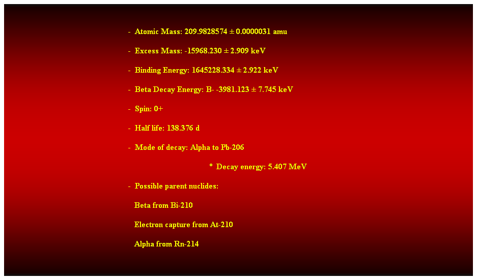 Cuadro de texto:  
-  Atomic Mass: 209.9828574  0.0000031 amu 
-  Excess Mass: -15968.230  2.909 keV 
-  Binding Energy: 1645228.334  2.922 keV 
-  Beta Decay Energy: B- -3981.123  7.745 keV 
-  Spin: 0+ 
-  Half life: 138.376 d 
-  Mode of decay: Alpha to Pb-206 
  Decay energy: 5.407 MeV 
-  Possible parent nuclides: 
                                                               Beta from Bi-210 
                                                               Electron capture from At-210 
                                                               Alpha from Rn-214 
