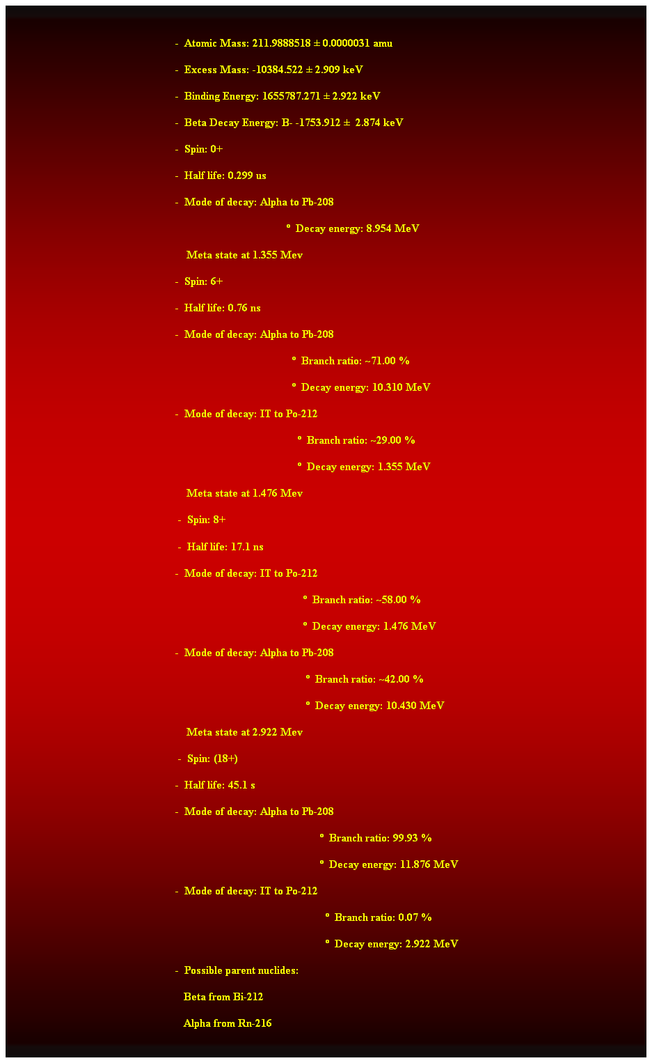 Cuadro de texto:  
-  Atomic Mass: 211.9888518  0.0000031 amu 
-  Excess Mass: -10384.522  2.909 keV 
-  Binding Energy: 1655787.271  2.922 keV 
-  Beta Decay Energy: B- -1753.912   2.874 keV 
-  Spin: 0+ 
-  Half life: 0.299 us 
-  Mode of decay: Alpha to Pb-208 
  Decay energy: 8.954 MeV 
    Meta state at 1.355 Mev 
                                                            -  Spin: 6+ 
                                                            -  Half life: 0.76 ns 
                                                            -  Mode of decay: Alpha to Pb-208 
                                                                                                        Branch ratio: ~71.00 % 
                                                                                                        Decay energy: 10.310 MeV 
                                                            -  Mode of decay: IT to Po-212 
                                                                                                          Branch ratio: ~29.00 % 
                                                                                                          Decay energy: 1.355 MeV 
                                                                Meta state at 1.476 Mev 
                                                             -  Spin: 8+ 
                                                             -  Half life: 17.1 ns 
                                                            -  Mode of decay: IT to Po-212 
                                                                                                            Branch ratio: ~58.00 % 
                                                                                                            Decay energy: 1.476 MeV 
                                                            -  Mode of decay: Alpha to Pb-208  
                                                                                                             Branch ratio: ~42.00 % 
                                                                                                             Decay energy: 10.430 MeV 
                                                                Meta state at 2.922 Mev 
                                                             -  Spin: (18+) 
                                                            -  Half life: 45.1 s 
                                                            -  Mode of decay: Alpha to Pb-208 
                                                                                                                  Branch ratio: 99.93 % 
                                                                                                                  Decay energy: 11.876 MeV 
                                                            -  Mode of decay: IT to Po-212 
                                                                                                                    Branch ratio: 0.07 % 
                                                                                                                    Decay energy: 2.922 MeV 
                                                            -  Possible parent nuclides: 
                                                               Beta from Bi-212 
                                                               Alpha from Rn-216 
