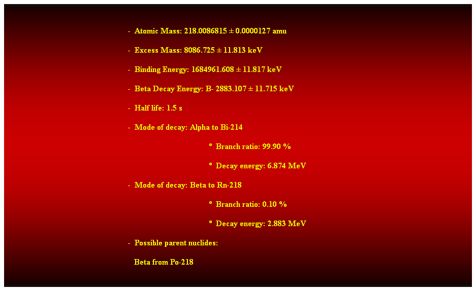 Cuadro de texto:  
-  Atomic Mass: 218.0086815  0.0000127 amu 
-  Excess Mass: 8086.725  11.813 keV 
-  Binding Energy: 1684961.608  11.817 keV 
-  Beta Decay Energy: B- 2883.107  11.715 keV 
-  Half life: 1.5 s 
-  Mode of decay: Alpha to Bi-214 
  Branch ratio: 99.90 % 
  Decay energy: 6.874 MeV 
-  Mode of decay: Beta to Rn-218 
  Branch ratio: 0.10 % 
  Decay energy: 2.883 MeV 
-  Possible parent nuclides: 
   Beta from Po-218
