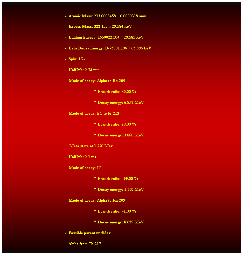 Cuadro de texto:  
-  Atomic Mass: 213.0003458  0.0000318 amu 
-  Excess Mass: 322.155  29.584 keV 
-  Binding Energy: 1650022.504  29.585 keV 
-  Beta Decay Energy: B- -5801.196  65.886 keV 
-  Spin: 1/2- 
-  Half life: 2.74 min 
-  Mode of decay: Alpha to Rn-209 
                              Branch ratio: 80.00 % 
                              Decay energy: 6.859 MeV 
-  Mode of decay: EC to Fr-213 
                              Branch ratio: 20.00 % 
                              Decay energy: 3.880 MeV 
    Meta state at 1.770 Mev 
-  Half life: 2.1 ms 
-  Mode of decay: IT
                              Branch ratio: ~99.00 % 
                              Decay energy: 1.770 MeV 
-  Mode of decay: Alpha to Rn-209 
                              Branch ratio: ~1.00 % 
                              Decay energy: 8.629 MeV 
-  Possible parent nuclides: 
   Alpha from Th-217 
