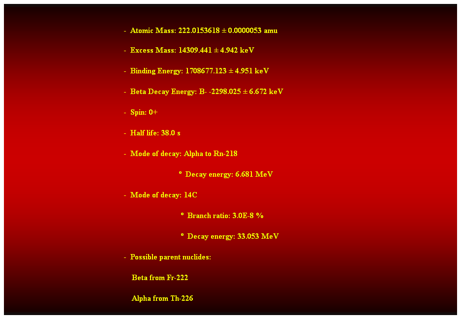 Cuadro de texto:  
-  Atomic Mass: 222.0153618  0.0000053 amu 
-  Excess Mass: 14309.441  4.942 keV 
-  Binding Energy: 1708677.123  4.951 keV 
-  Beta Decay Energy: B- -2298.025  6.672 keV 
-  Spin: 0+ 
-  Half life: 38.0 s 
-  Mode of decay: Alpha to Rn-218 
                              Decay energy: 6.681 MeV 
-  Mode of decay: 14C 
                               Branch ratio: 3.0E-8 % 
                               Decay energy: 33.053 MeV 
-  Possible parent nuclides: 
    Beta from Fr-222 
    Alpha from Th-226 
