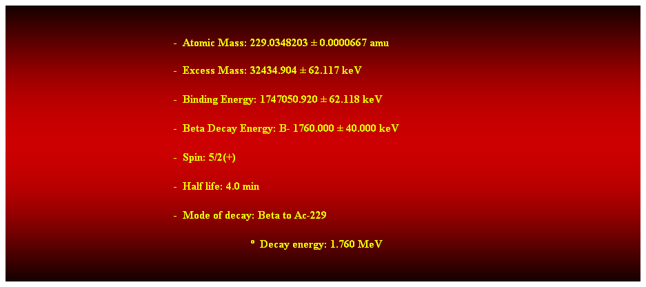 Cuadro de texto:  
-  Atomic Mass: 229.0348203  0.0000667 amu 
-  Excess Mass: 32434.904  62.117 keV 
-  Binding Energy: 1747050.920  62.118 keV 
-  Beta Decay Energy: B- 1760.000  40.000 keV 
-  Spin: 5/2(+) 
-  Half life: 4.0 min 
-  Mode of decay: Beta to Ac-229 
                              Decay energy: 1.760 MeV 
