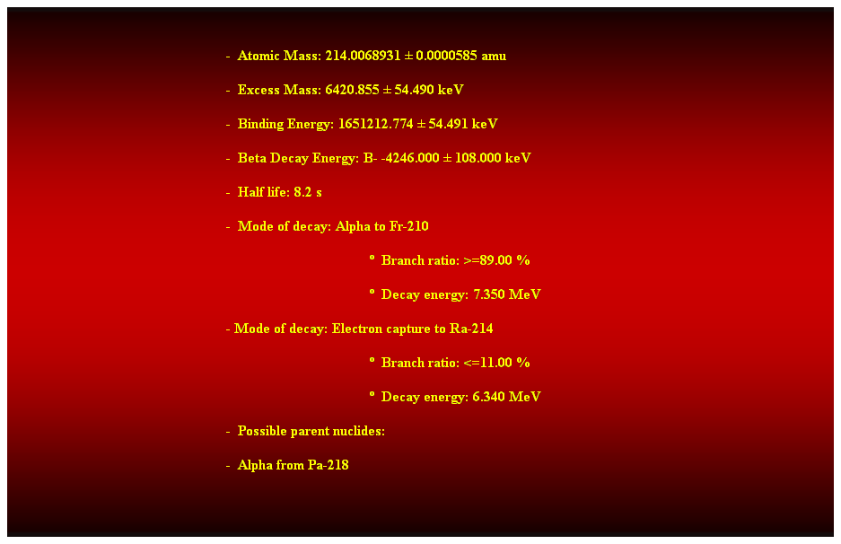 Cuadro de texto:  
-  Atomic Mass: 214.0068931  0.0000585 amu 
-  Excess Mass: 6420.855  54.490 keV 
-  Binding Energy: 1651212.774  54.491 keV 
-  Beta Decay Energy: B- -4246.000  108.000 keV 
-  Half life: 8.2 s 
-  Mode of decay: Alpha to Fr-210 
  Branch ratio: >=89.00 % 
  Decay energy: 7.350 MeV 
- Mode of decay: Electron capture to Ra-214 
  Branch ratio: <=11.00 % 
  Decay energy: 6.340 MeV 
-  Possible parent nuclides: 
-  Alpha from Pa-218 
