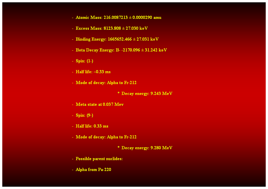 Cuadro de texto:  
-  Atomic Mass: 216.0087213  0.0000290 amu 
-  Excess Mass: 8123.808  27.030 keV 
-  Binding Energy: 1665652.466  27.031 keV 
-  Beta Decay Energy: B- -2170.096  31.242 keV 
-  Spin: (1-) 
-  Half life: ~0.33 ms 
-  Mode of decay: Alpha to Fr-212 
  Decay energy: 9.243 MeV 
-  Meta state at 0.037 Mev 
-  Spin: (9-) 
-  Half life: 0.33 ms 
-  Mode of decay: Alpha to Fr-212 
  Decay energy: 9.280 MeV 
-  Possible parent nuclides: 
-  Alpha from Pa-220
