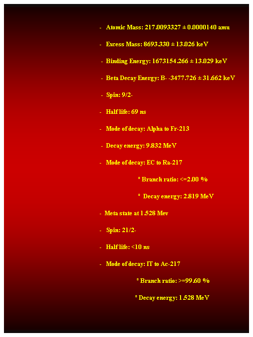 Cuadro de texto:  
                                                               -   Atomic Mass: 217.0093327  0.0000140 amu
                                                               -   Excess Mass: 8693.330  13.026 keV 
                                                                -  Binding Energy: 1673154.266  13.029 keV 
                                                                -  Beta Decay Energy: B- -3477.726  31.662 keV 
                                                                -  Spin: 9/2- 
                                                               -   Half life: 69 ns 
                                                               -   Mode of decay: Alpha to Fr-213 
                                                                -  Decay energy: 9.832 MeV 
                                                               -   Mode of decay: EC to Ra-217 
                                                                                          Branch ratio: <=2.00 % 
                                                                                           Decay energy: 2.819 MeV 
                                                               -  Meta state at 1.528 Mev 
                                                               -   Spin: 21/2- 
                                                               -   Half life: <10 ns 
                                                               -   Mode of decay: IT to Ac-217 
                                                                                         Branch ratio: >=99.60 % 
                                                                                        Decay energy: 1.528 MeV 
                                                                
