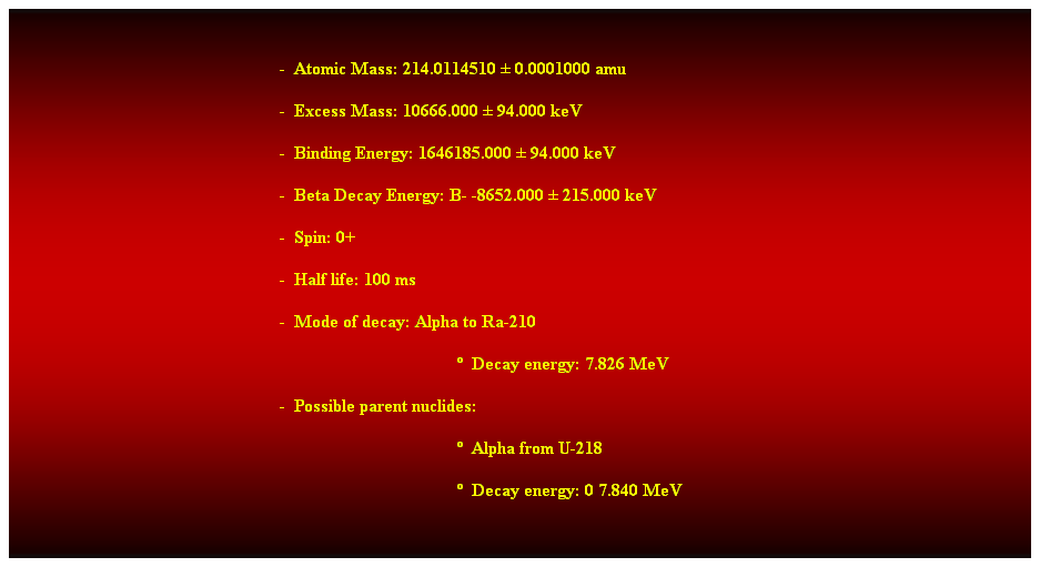 Cuadro de texto:  
-  Atomic Mass: 214.0114510  0.0001000 amu 
-  Excess Mass: 10666.000  94.000 keV 
-  Binding Energy: 1646185.000  94.000 keV 
-  Beta Decay Energy: B- -8652.000  215.000 keV 
-  Spin: 0+ 
-  Half life: 100 ms 
-  Mode of decay: Alpha to Ra-210 
  Decay energy: 7.826 MeV 
-  Possible parent nuclides: 
  Alpha from U-218 
  Decay energy: 0 7.840 MeV 
