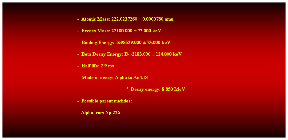 Cuadro de texto:  
-  Atomic Mass: 222.0237260  0.0000780 amu 
-  Excess Mass: 22100.000  73.000 keV 
-  Binding Energy: 1698539.000  73.000 keV 
-  Beta Decay Energy: B- -2183.000  124.000 keV 
-  Half life: 2.9 ms 
-  Mode of decay: Alpha to Ac-218 
  Decay energy: 8.850 MeV 
-  Possible parent nuclides: 
   Alpha from Np-226 
