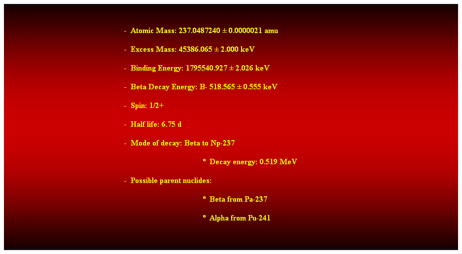 Cuadro de texto:  
-  Atomic Mass: 237.0487240  0.0000021 amu 
-  Excess Mass: 45386.065  2.000 keV 
-  Binding Energy: 1795540.927  2.026 keV 
-  Beta Decay Energy: B- 518.565  0.555 keV 
-  Spin: 1/2+ 
-  Half life: 6.75 d 
-  Mode of decay: Beta to Np-237 
  Decay energy: 0.519 MeV 
-  Possible parent nuclides: 
  Beta from Pa-237 
  Alpha from Pu-241
 
