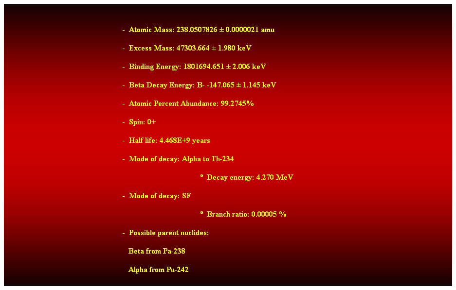 Cuadro de texto:  
-  Atomic Mass: 238.0507826  0.0000021 amu 
-  Excess Mass: 47303.664  1.980 keV 
-  Binding Energy: 1801694.651  2.006 keV 
-  Beta Decay Energy: B- -147.065  1.145 keV 
-  Atomic Percent Abundance: 99.2745% 
-  Spin: 0+ 
-  Half life: 4.468E+9 years 
-  Mode of decay: Alpha to Th-234 
  Decay energy: 4.270 MeV 
-  Mode of decay: SF 
  Branch ratio: 0.00005 % 
-  Possible parent nuclides: 
                                                               Beta from Pa-238 
                                                               Alpha from Pu-242 
