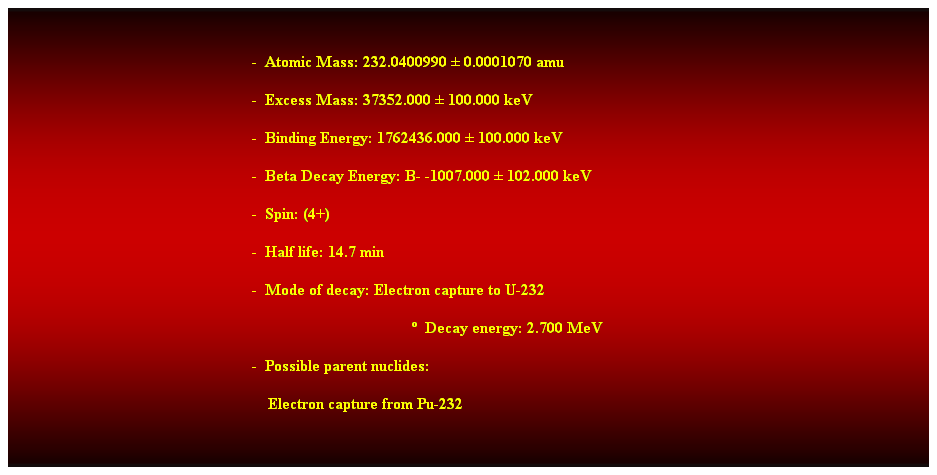 Cuadro de texto:  
-  Atomic Mass: 232.0400990  0.0001070 amu 
-  Excess Mass: 37352.000  100.000 keV 
-  Binding Energy: 1762436.000  100.000 keV 
-  Beta Decay Energy: B- -1007.000  102.000 keV 
-  Spin: (4+) 
-  Half life: 14.7 min 
-  Mode of decay: Electron capture to U-232 
  Decay energy: 2.700 MeV 
-  Possible parent nuclides: 
    Electron capture from Pu-232
