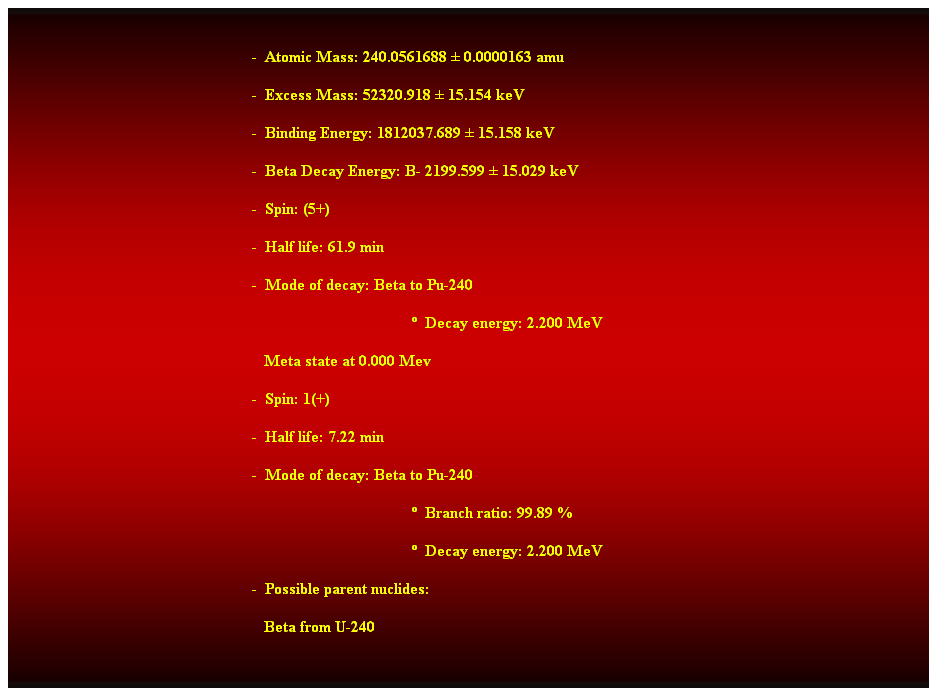 Cuadro de texto:  
-  Atomic Mass: 240.0561688  0.0000163 amu 
-  Excess Mass: 52320.918  15.154 keV 
-  Binding Energy: 1812037.689  15.158 keV 
-  Beta Decay Energy: B- 2199.599  15.029 keV 
-  Spin: (5+) 
-  Half life: 61.9 min 
-  Mode of decay: Beta to Pu-240 
  Decay energy: 2.200 MeV 
   Meta state at 0.000 Mev 
-  Spin: 1(+) 
-  Half life: 7.22 min 
-  Mode of decay: Beta to Pu-240 
  Branch ratio: 99.89 % 
  Decay energy: 2.200 MeV 
-  Possible parent nuclides: 
   Beta from U-240 
