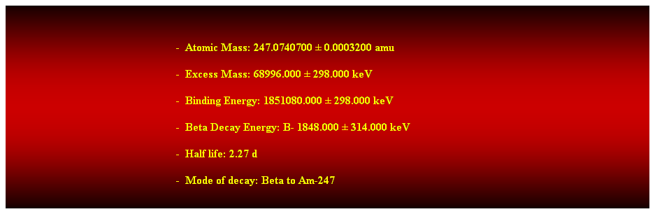 Cuadro de texto:  
-  Atomic Mass: 247.0740700  0.0003200 amu   
-  Excess Mass: 68996.000  298.000 keV   
-  Binding Energy: 1851080.000  298.000 keV   
-  Beta Decay Energy: B- 1848.000  314.000 keV   
-  Half life: 2.27 d 
-  Mode of decay: Beta to Am-247 
