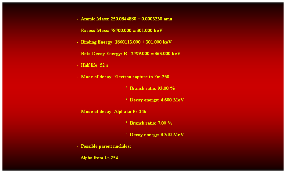 Cuadro de texto:  
-  Atomic Mass: 250.0844880  0.0003230 amu 
-  Excess Mass: 78700.000  301.000 keV 
-  Binding Energy: 1860113.000  301.000 keV 
-  Beta Decay Energy: B- -2799.000  363.000 keV 
-  Half life: 52 s 
-  Mode of decay: Electron capture to Fm-250 
  Branch ratio: 93.00 % 
  Decay energy: 4.600 MeV 
-  Mode of decay: Alpha to Es-246 
  Branch ratio: 7.00 % 
  Decay energy: 8.310 MeV 
-  Possible parent nuclides: 
   Alpha from Lr-254 
