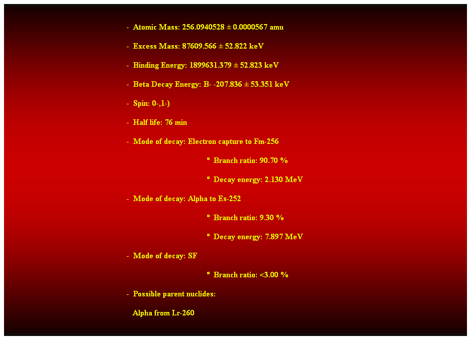 Cuadro de texto:  
-  Atomic Mass: 256.0940528  0.0000567 amu 
-  Excess Mass: 87609.566  52.822 keV 
-  Binding Energy: 1899631.379  52.823 keV 
-  Beta Decay Energy: B- -207.836  53.351 keV 
-  Spin: 0-,1-) 
-  Half life: 76 min 
-  Mode of decay: Electron capture to Fm-256 
  Branch ratio: 90.70 % 
  Decay energy: 2.130 MeV 
-  Mode of decay: Alpha to Es-252 
  Branch ratio: 9.30 % 
  Decay energy: 7.897 MeV 
-  Mode of decay: SF 
  Branch ratio: <3.00 % 
-  Possible parent nuclides: 
   Alpha from Lr-260 
