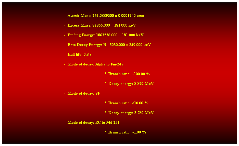 Cuadro de texto:  
-  Atomic Mass: 251.0889600  0.0001940 amu 
-  Excess Mass: 82866.000  181.000 keV 
-  Binding Energy: 1863236.000  181.000 keV 
-  Beta Decay Energy: B- -5030.000  349.000 keV 
-  Half life: 0.8 s 
-  Mode of decay: Alpha to Fm-247 
  Branch ratio: ~100.00 % 
  Decay energy: 8.890 MeV 
-  Mode of decay: SF 
  Branch ratio: <10.00 % 
  Decay energy: 3.780 MeV 
-  Mode of decay: EC to Md-251 
  Branch ratio: ~1.00 % 
