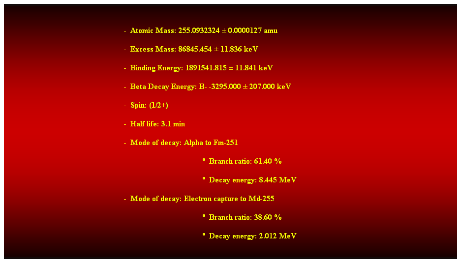 Cuadro de texto:  
-  Atomic Mass: 255.0932324  0.0000127 amu 
-  Excess Mass: 86845.454  11.836 keV 
-  Binding Energy: 1891541.815  11.841 keV 
-  Beta Decay Energy: B- -3295.000  207.000 keV 
-  Spin: (1/2+) 
-  Half life: 3.1 min 
-  Mode of decay: Alpha to Fm-251 
  Branch ratio: 61.40 % 
  Decay energy: 8.445 MeV 
-  Mode of decay: Electron capture to Md-255 
  Branch ratio: 38.60 % 
  Decay energy: 2.012 MeV 
