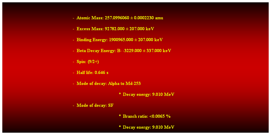 Cuadro de texto:  
-  Atomic Mass: 257.0996060  0.0002230 amu 
-  Excess Mass: 92782.000  207.000 keV 
-  Binding Energy: 1900965.000  207.000 keV 
-  Beta Decay Energy: B- -3229.000  337.000 keV 
-  Spin: (9/2+) 
-  Half life: 0.646 s 
-  Mode of decay: Alpha to Md-253 
  Decay energy: 9.010 MeV 
-  Mode of decay: SF 
  Branch ratio: <0.0065 % 
  Decay energy: 9.010 MeV 
