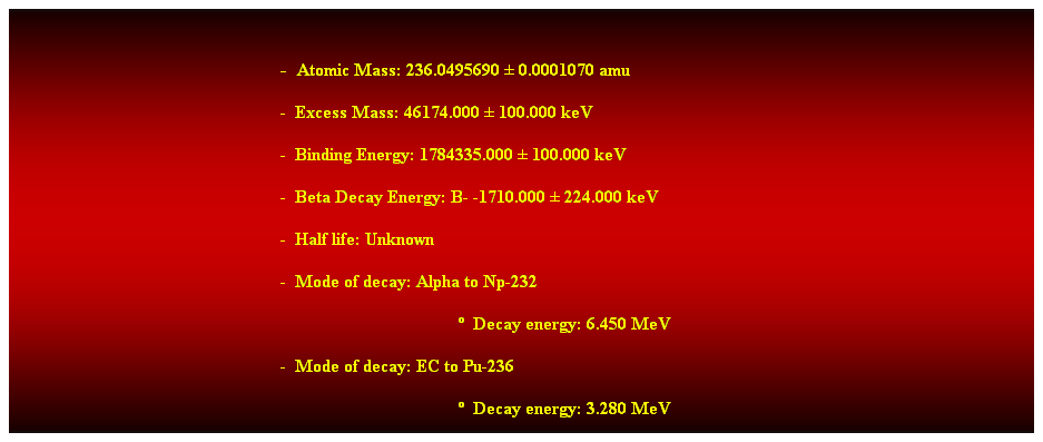 Cuadro de texto:  
-  Atomic Mass: 236.0495690  0.0001070 amu 
-  Excess Mass: 46174.000  100.000 keV 
-  Binding Energy: 1784335.000  100.000 keV 
-  Beta Decay Energy: B- -1710.000  224.000 keV 
-  Half life: Unknown 
-  Mode of decay: Alpha to Np-232 
  Decay energy: 6.450 MeV 
-  Mode of decay: EC to Pu-236 
  Decay energy: 3.280 MeV 
