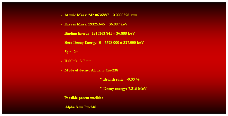 Cuadro de texto:  
-  Atomic Mass: 242.0636887  0.0000396 amu 
-  Excess Mass: 59325.645  36.887 keV 
-  Binding Energy: 1817263.841  36.888 keV 
-  Beta Decay Energy: B- -5598.000  327.000 keV 
-  Spin: 0+ 
-  Half life: 3.7 min 
-  Mode of decay: Alpha to Cm-238 
  Branch ratio: >0.00 % 
  Decay energy: 7.516 MeV 
-  Possible parent nuclides: 
    Alpha from Fm-246 
