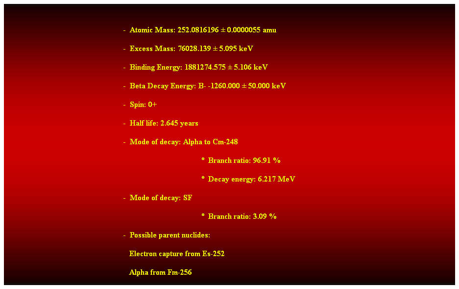 Cuadro de texto:  
-  Atomic Mass: 252.0816196  0.0000055 amu 
-  Excess Mass: 76028.139  5.095 keV 
-  Binding Energy: 1881274.575  5.106 keV 
-  Beta Decay Energy: B- -1260.000  50.000 keV 
-  Spin: 0+ 
-  Half life: 2.645 years 
-  Mode of decay: Alpha to Cm-248 
  Branch ratio: 96.91 % 
  Decay energy: 6.217 MeV 
-  Mode of decay: SF 
  Branch ratio: 3.09 % 
-  Possible parent nuclides: 
                                                               Electron capture from Es-252 
                                                               Alpha from Fm-256 
