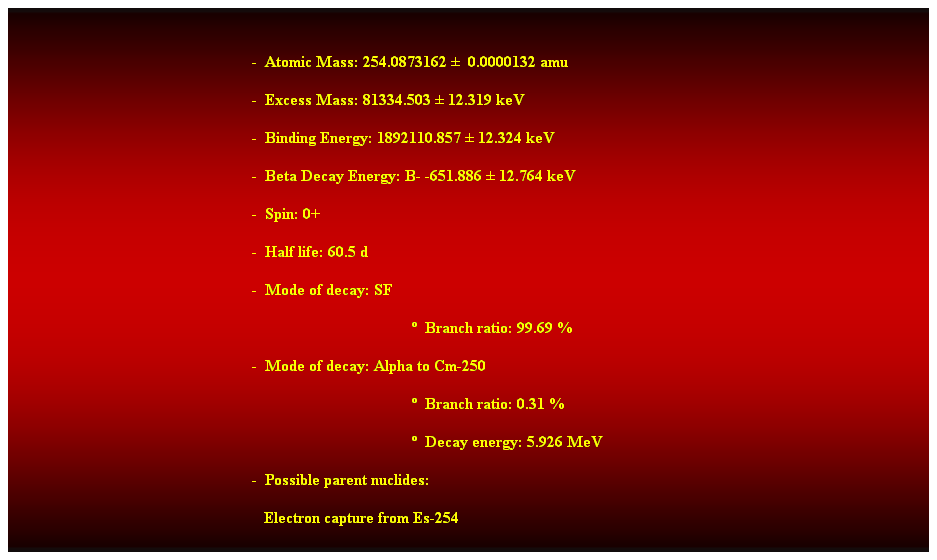 Cuadro de texto:  
-  Atomic Mass: 254.0873162   0.0000132 amu 
-  Excess Mass: 81334.503  12.319 keV 
-  Binding Energy: 1892110.857  12.324 keV 
-  Beta Decay Energy: B- -651.886  12.764 keV 
-  Spin: 0+ 
-  Half life: 60.5 d 
-  Mode of decay: SF 
  Branch ratio: 99.69 % 
-  Mode of decay: Alpha to Cm-250 
  Branch ratio: 0.31 % 
  Decay energy: 5.926 MeV 
-  Possible parent nuclides: 
   Electron capture from Es-254 
