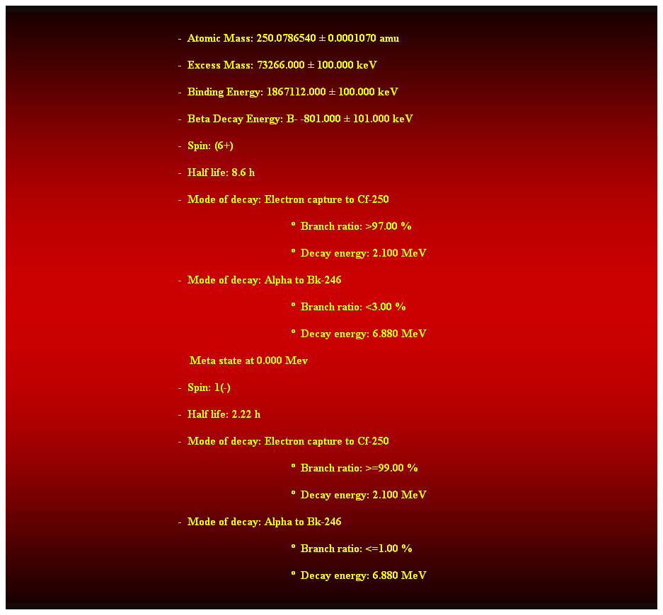 Cuadro de texto:  
-  Atomic Mass: 250.0786540  0.0001070 amu 
-  Excess Mass: 73266.000  100.000 keV 
-  Binding Energy: 1867112.000  100.000 keV 
-  Beta Decay Energy: B- -801.000  101.000 keV 
-  Spin: (6+) 
-  Half life: 8.6 h 
-  Mode of decay: Electron capture to Cf-250 
  Branch ratio: >97.00 % 
  Decay energy: 2.100 MeV 
-  Mode of decay: Alpha to Bk-246 
  Branch ratio: <3.00 % 
  Decay energy: 6.880 MeV 
    Meta state at 0.000 Mev 
-  Spin: 1(-) 
-  Half life: 2.22 h 
-  Mode of decay: Electron capture to Cf-250 
  Branch ratio: >=99.00 % 
  Decay energy: 2.100 MeV 
-  Mode of decay: Alpha to Bk-246 
  Branch ratio: <=1.00 % 
  Decay energy: 6.880 MeV 
