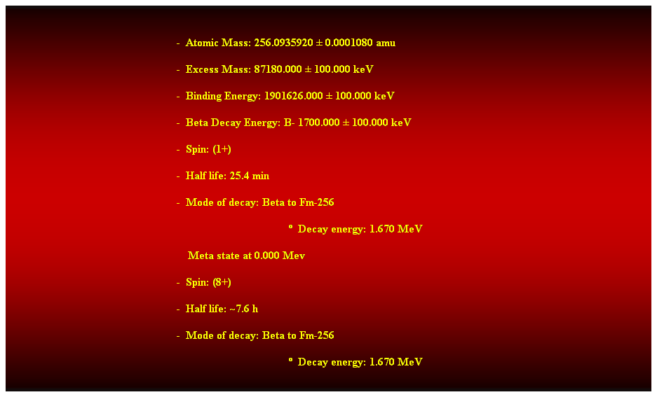 Cuadro de texto:  
-  Atomic Mass: 256.0935920  0.0001080 amu 
-  Excess Mass: 87180.000  100.000 keV 
-  Binding Energy: 1901626.000  100.000 keV 
-  Beta Decay Energy: B- 1700.000  100.000 keV 
-  Spin: (1+) 
-  Half life: 25.4 min 
-  Mode of decay: Beta to Fm-256 
  Decay energy: 1.670 MeV 
    Meta state at 0.000 Mev 
-  Spin: (8+) 
-  Half life: ~7.6 h 
-  Mode of decay: Beta to Fm-256 
  Decay energy: 1.670 MeV 
